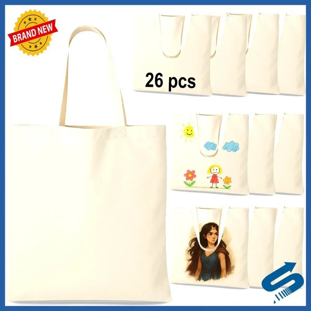 Natural Canvas Tote Bags Bulk Pack DIY Crafting Embroidery Reusable Grocery